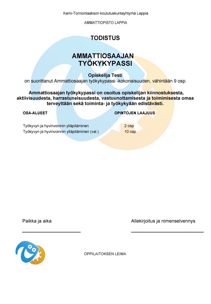 Ammattiosaajan työkykypassi todistusmalli