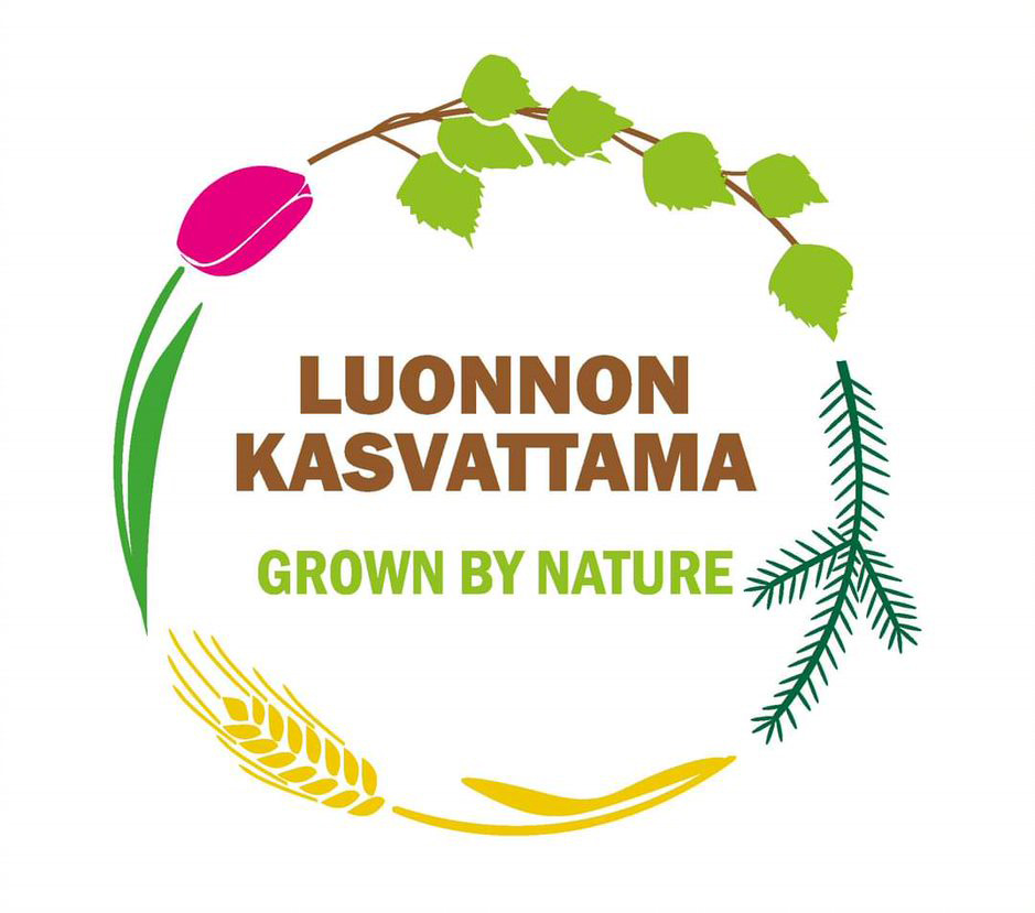 Tulppaanin kukka, koivun oksa, havun oksa ja viljan tähkä ovat kehällä ja keskellä on teksti Luonnon kasvattama, Grown by nature.