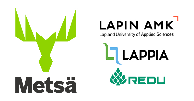 Metsä Groupin tunnus vihreä hirvenpää sekä Lappian, Lapin amk:n ja REDUn logot