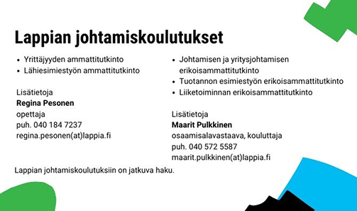 Infoboksissa tietoja johtamiskoulutuksista ja vastuuhenkilöiden yhteystiedot.