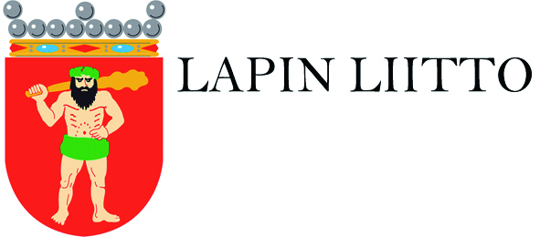 Lapin liiton tunnus, jossa vaakuna punaisella pohjalla sekä nuijamies ja Lapin liitto teksti.