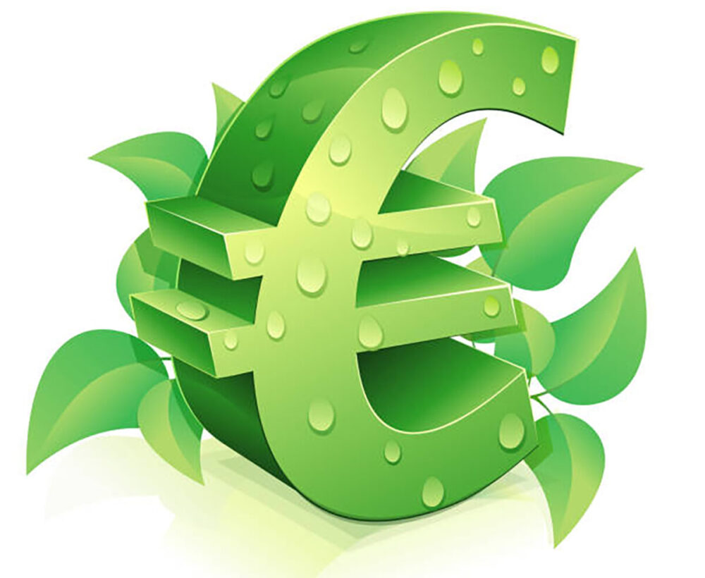 Kuvassa tyylitelty euron symboli, johon on kietoutuneena lehtiä.