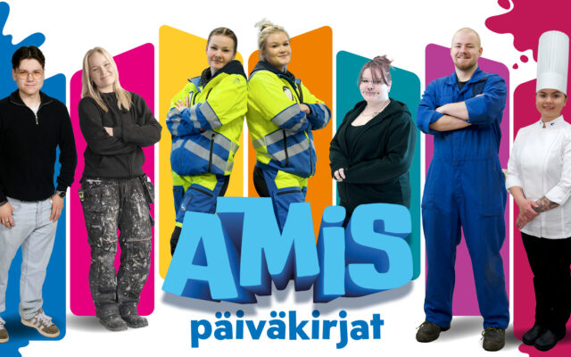 Kuvassa näkyy Amispäiväkirjat -ohjelmaan osallistuvia opiskelijoita ja ohjelman logo.