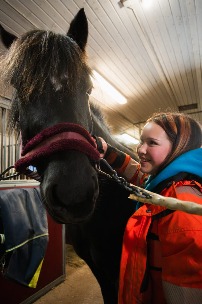 Lappian eläintenhoitoalan opiskelija Sienna Söderström hoitaa Torttu-hevostaan.
