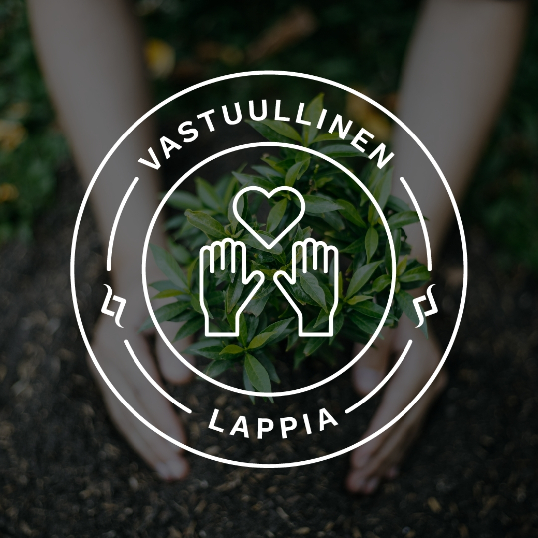 Vastuullinen Lappia -leima, jonka alla kuva, jossa istutetaan kasvia