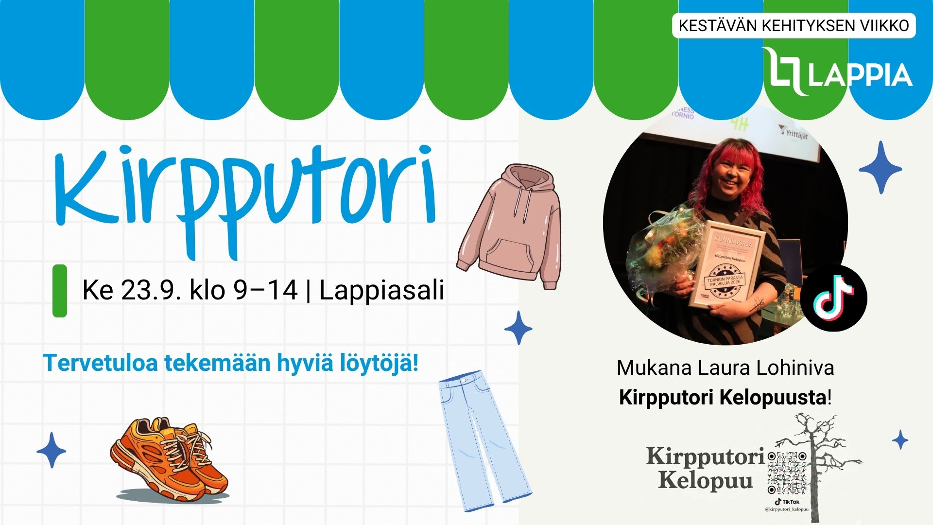 Kirpputori Tervetuloa tekemään hyviä löytöjä! Ke 23.9. klo 9–14 | Lappiasali Mukana Laura Lohiniva Kirpputori Kelopuusta!